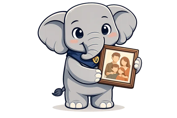 Mascota elefante con marco familiar